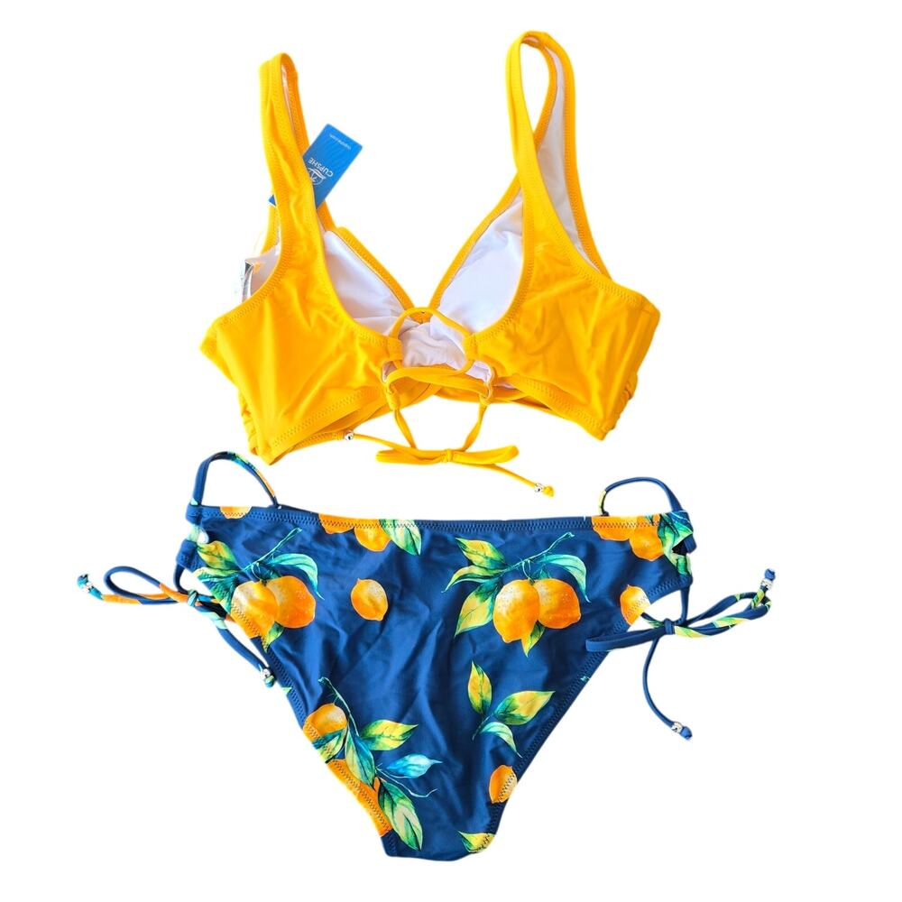 Cupshe Lemon Print Wrap Bikini & Side-Tie Ruched Bottoms Bikini Set Size L NWT - Picture 3 of 12